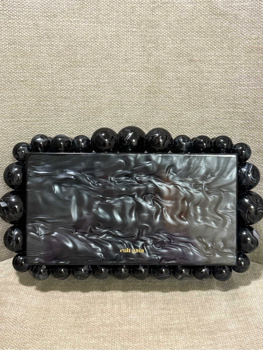 Cult Gaia Black Marble Clutch with Beaded Detail
